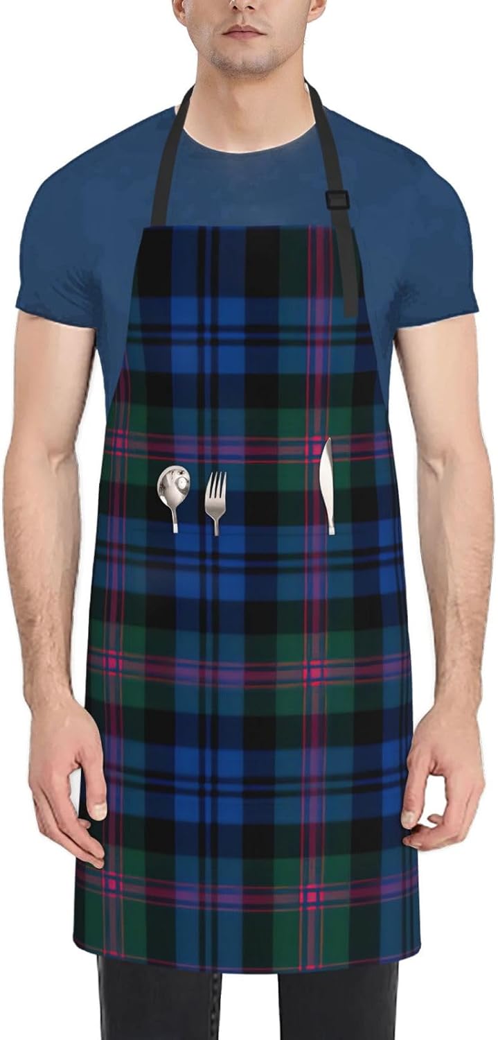 Blue and Green Scottish Tartan print Waterproof apron with pocket adju