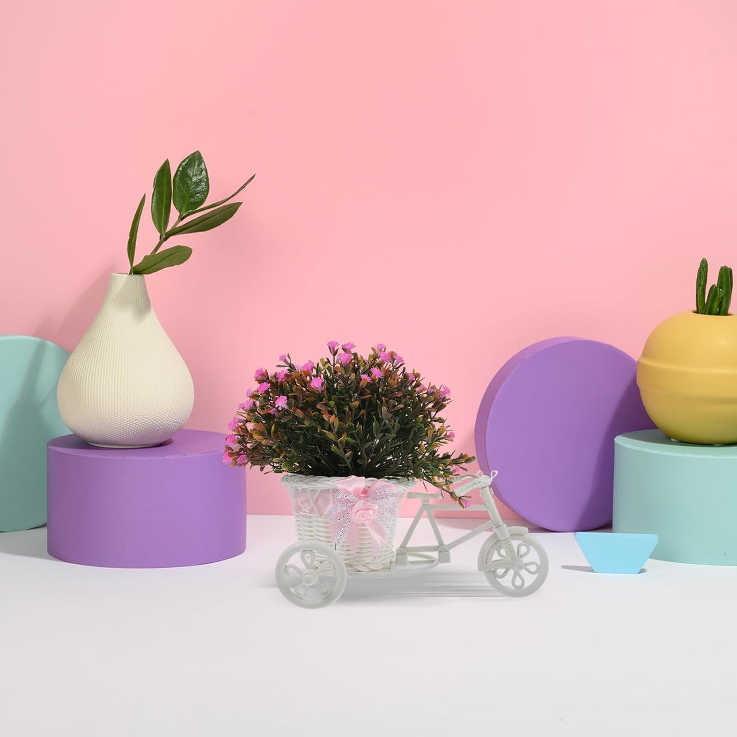 GANAZONO Artificial Potted Plant Bicycle Faux Bonsai Decor for Home Office Desk Decoration Easy Maintenance Mini Fake Flower Pot Stand Ideal for Wedding Party and Indoor Display