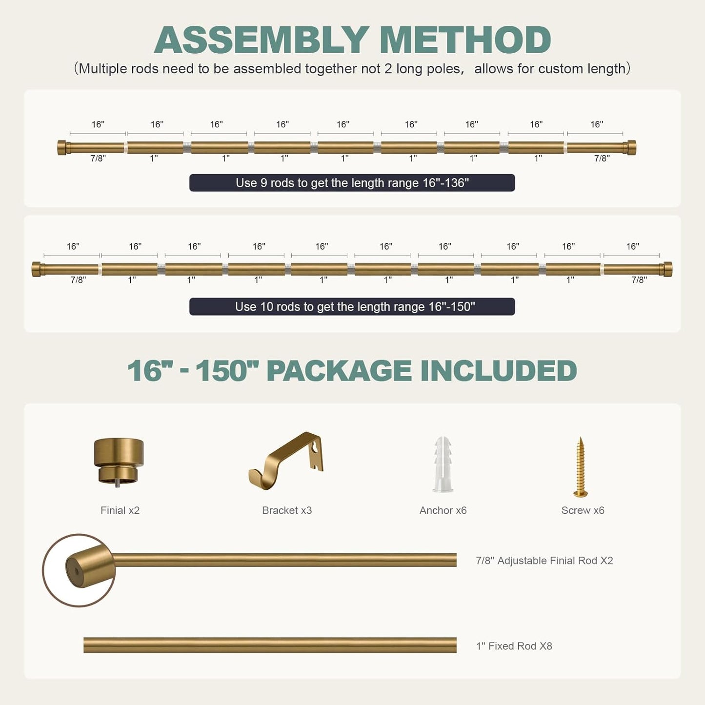 Warm Gold Curtain Rods for Windows 72 to 144 Inches Adjustable Length Heavy Duty 1" Diameter Brass Bronze Long Window Curtain Rod with Solid Metal Finials for Outdoor Farmhouse Bedroom Living Room