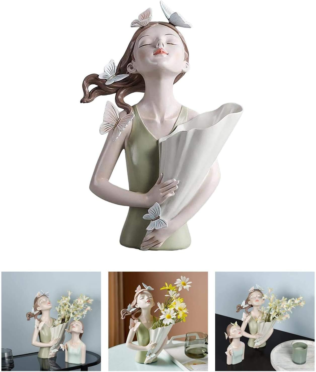 Girl Figurines Flower Vase Resin Girl Statue Sculpture Floral Flower Pots Flower Holder Desktop Planter for Home Office Table Ornaments - Green
