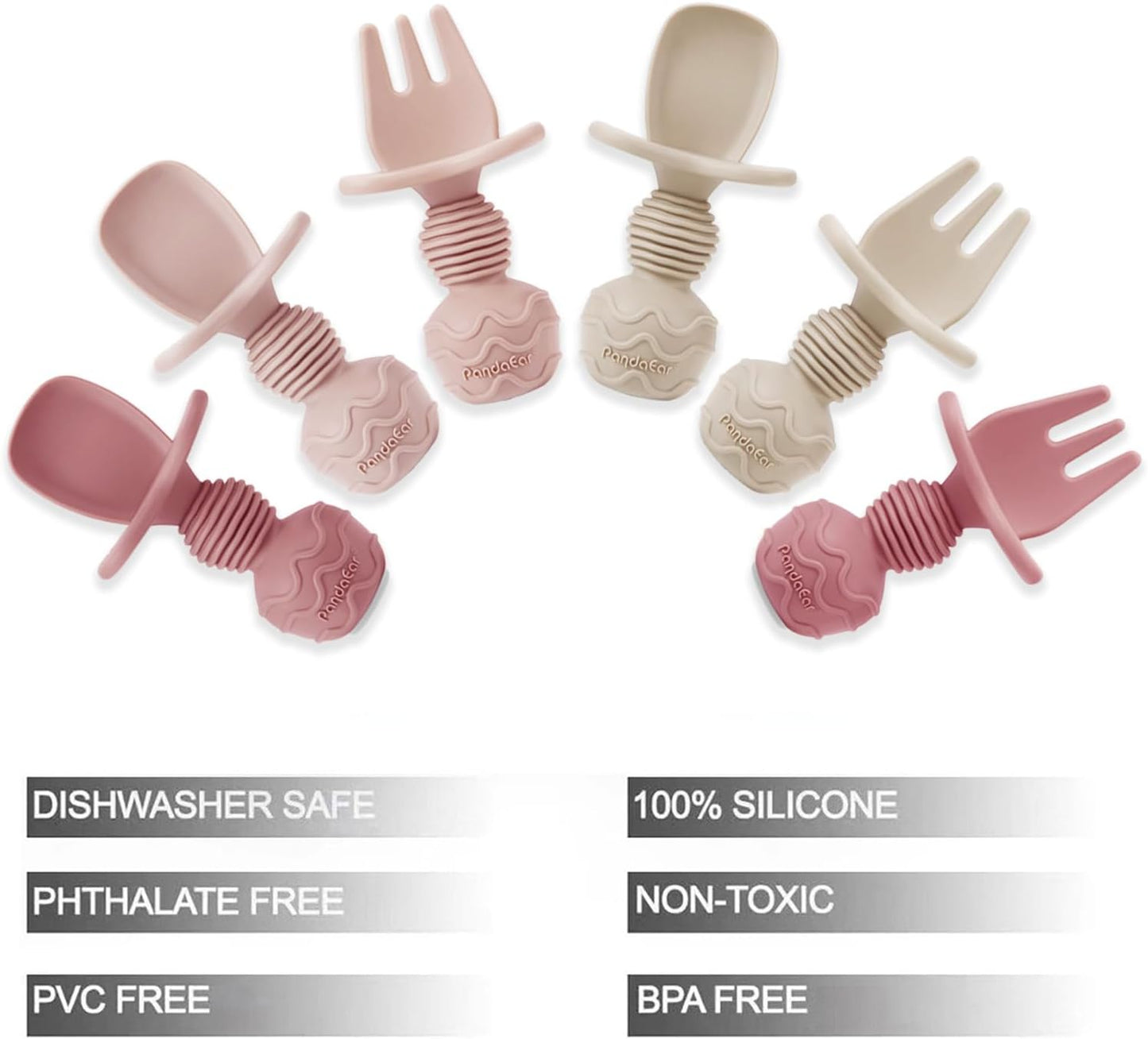 PandaEar 6 Pack Silicone Baby Spoons and Fork Feeding Set- Anti-Choke First Self Feeding Utensils for Baby Led Weaning Ages 3 Months -Pink