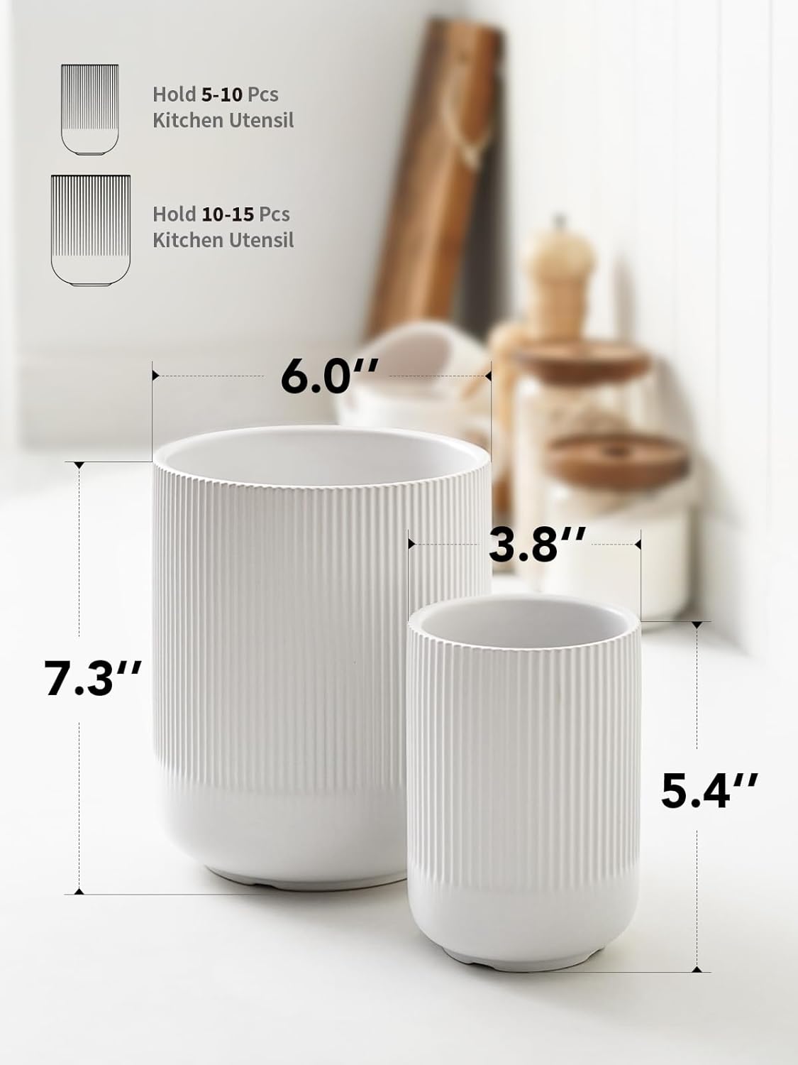 LE TAUCI Utensil Holder for Kitchen Counter, 7.3"+5.4" Fluted Ceramic 