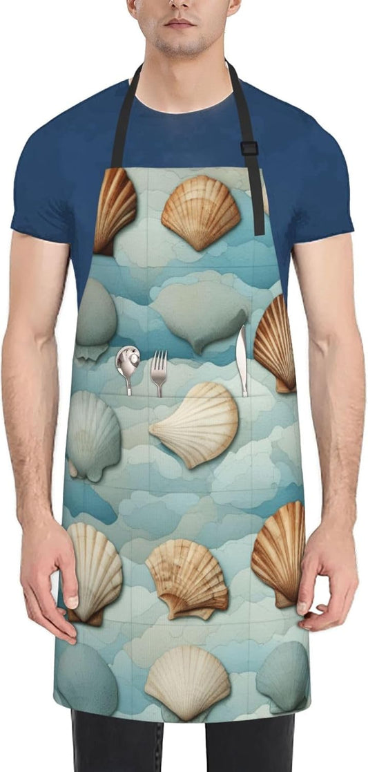 YANYU Sea Shell Print 28x33 In Kitchen Apron Stylish Chef Apron with Pockets for Cooking Baking Painting