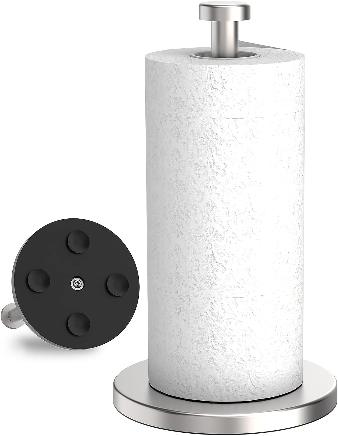 VEHHE Paper Towel Holder Countertop, Stainless Steel Paper Towel Holder Stand with Weighted Base Suction Cups, Standing Paper Towel Roll Holder for Kitchen Bathroom (Silver)