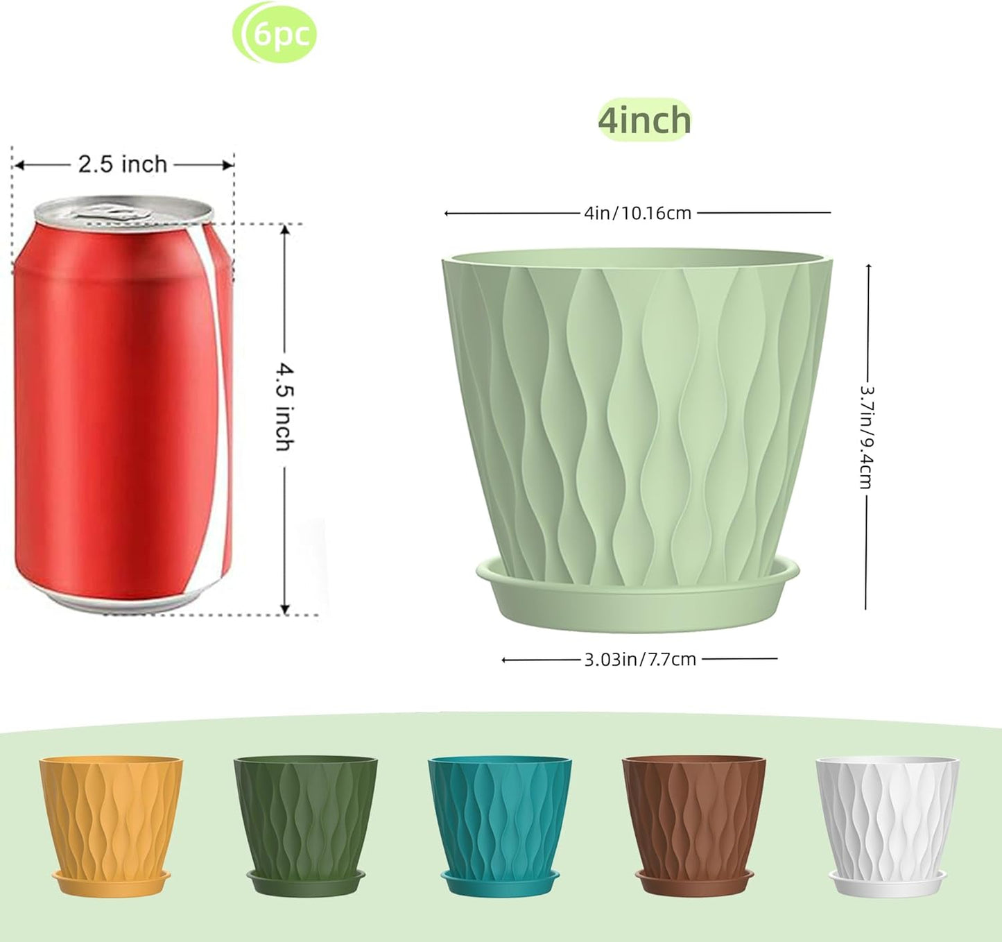 4 Inch Plant Pots, 6 Pack Indoor Flower Pots, Planters with Drainage H