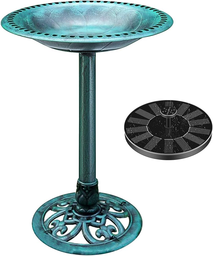 VIVOHOME Bird Bath with Solar Fountain for Outside, Polyresin Pedestal Bird Baths with Solar Powered Pump for Outdoor, Garden, Weather-Resistant Birdbaths with 20" Bowl, Green