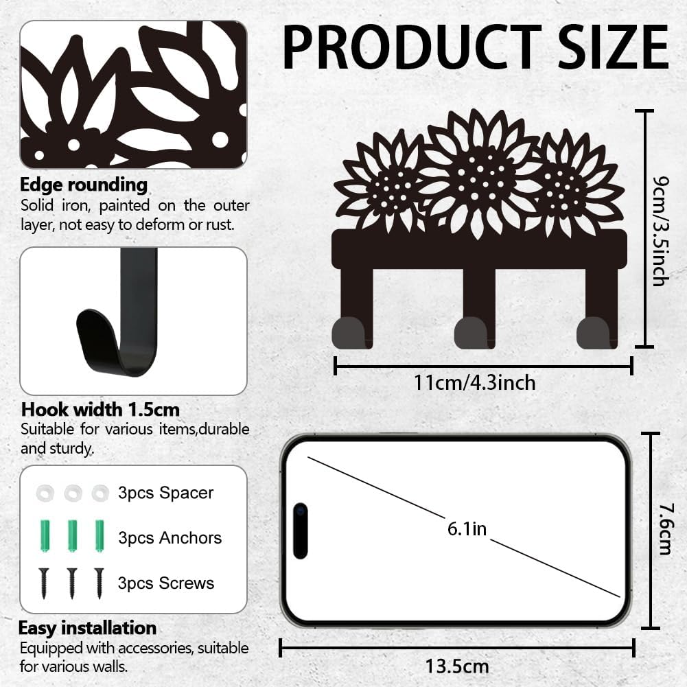 Sunflower Key Holder for Wall, Flower Mini Black Iron Key Hooks Wall M