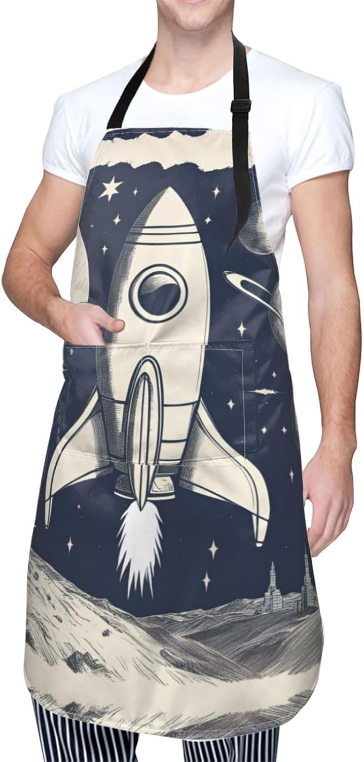 Rocket in Space print Waterproof chef's apron with pocket apron for ki