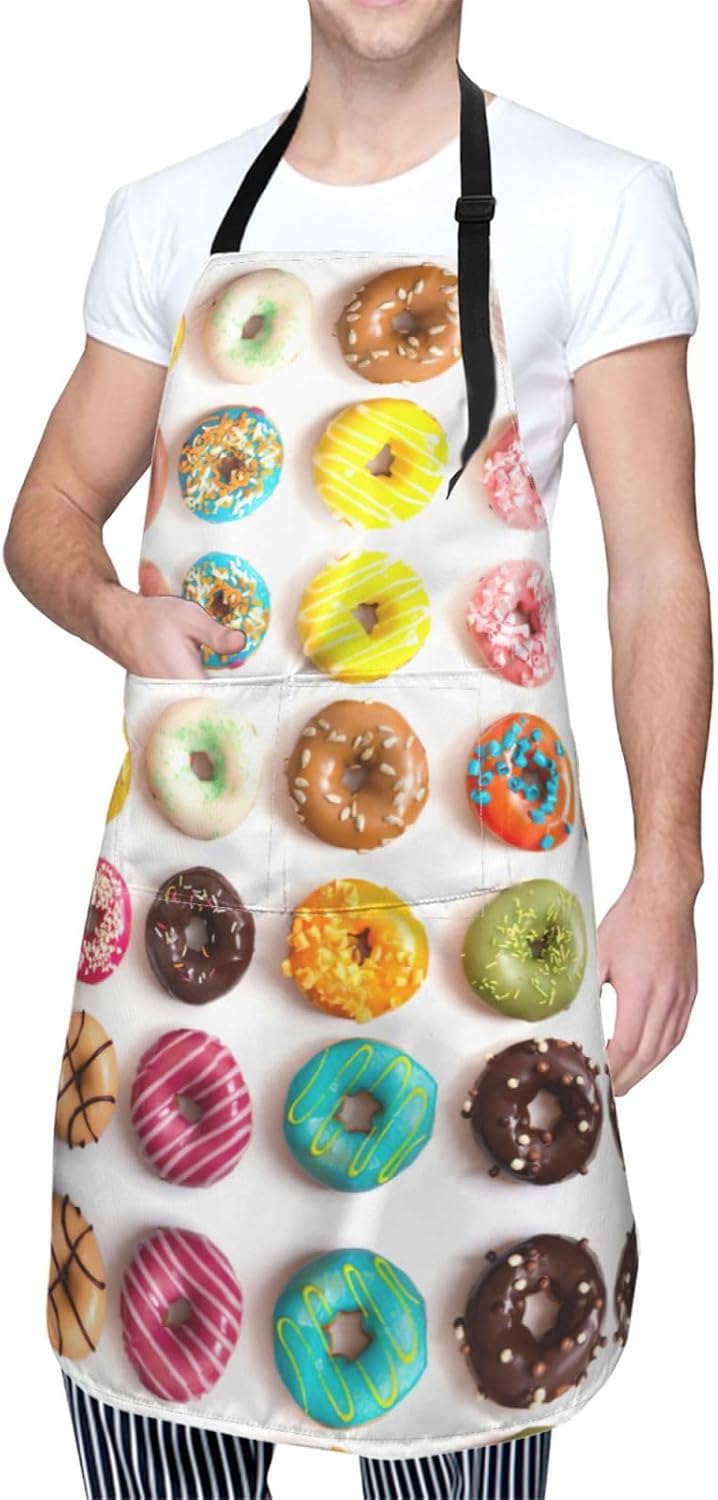 Different Flavors of Doughnuts print Waterproof apron with pocket adjustable cooking apron for adult kitchen bibs to bake
