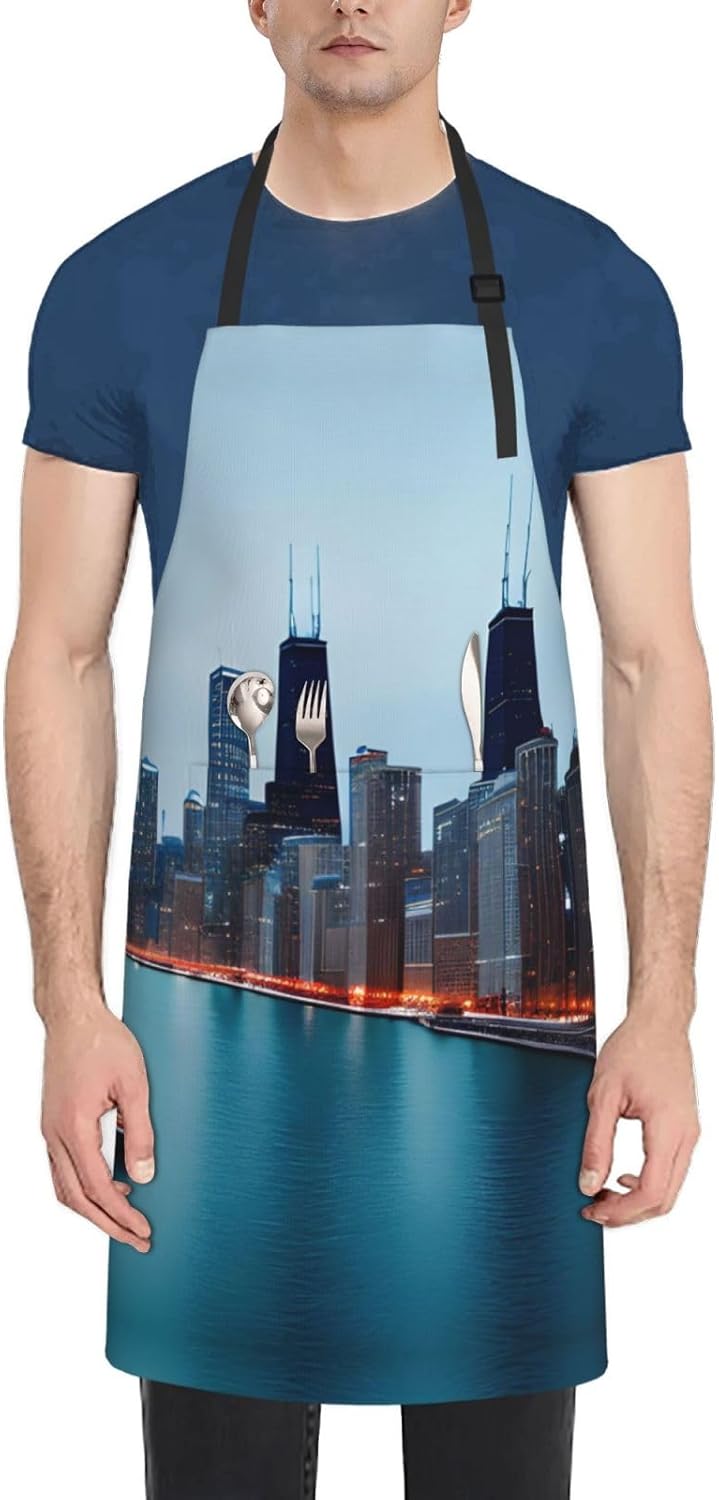 Chicago Print Laundry apron 28x33 In Waterproof Kitchen Apron with Pockets for Cooking Baking