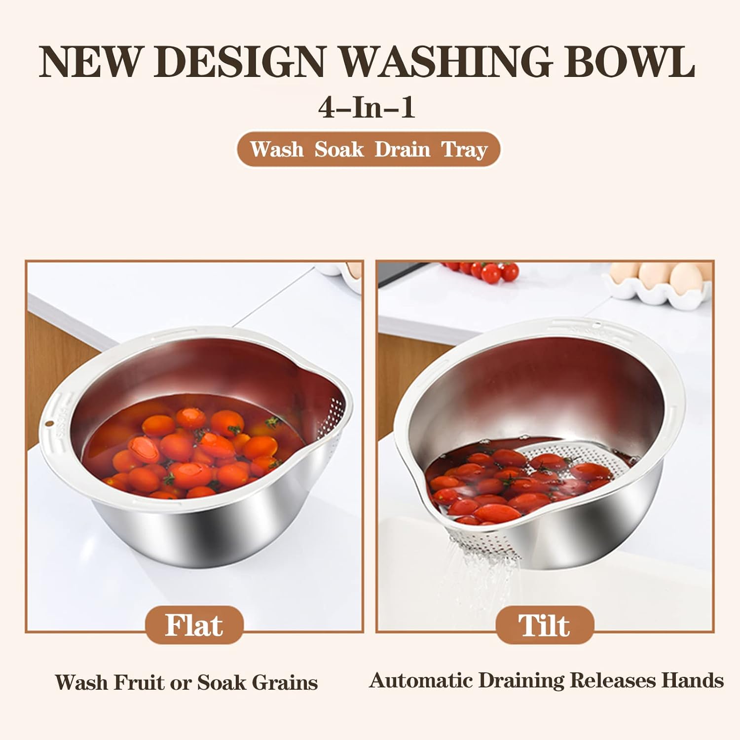 Rice Washer Strainer Bowl - 4-in-1 Washing Bowl for Quinoa, Stainless 