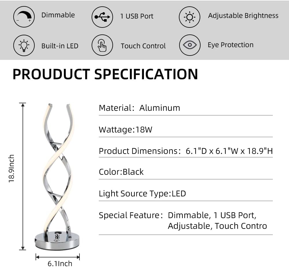 LED Modern Table Lamp, Stepless Dimmable Spiral Table Lamps for Bedroo
