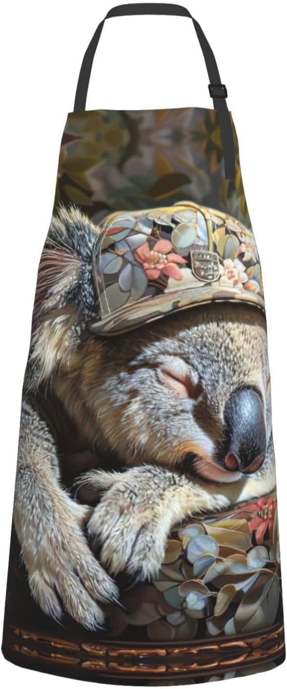 sleeping koala cap Print Laundry apron 28x33 In Waterproof Kitchen Apron with Pockets for Cooking Baking