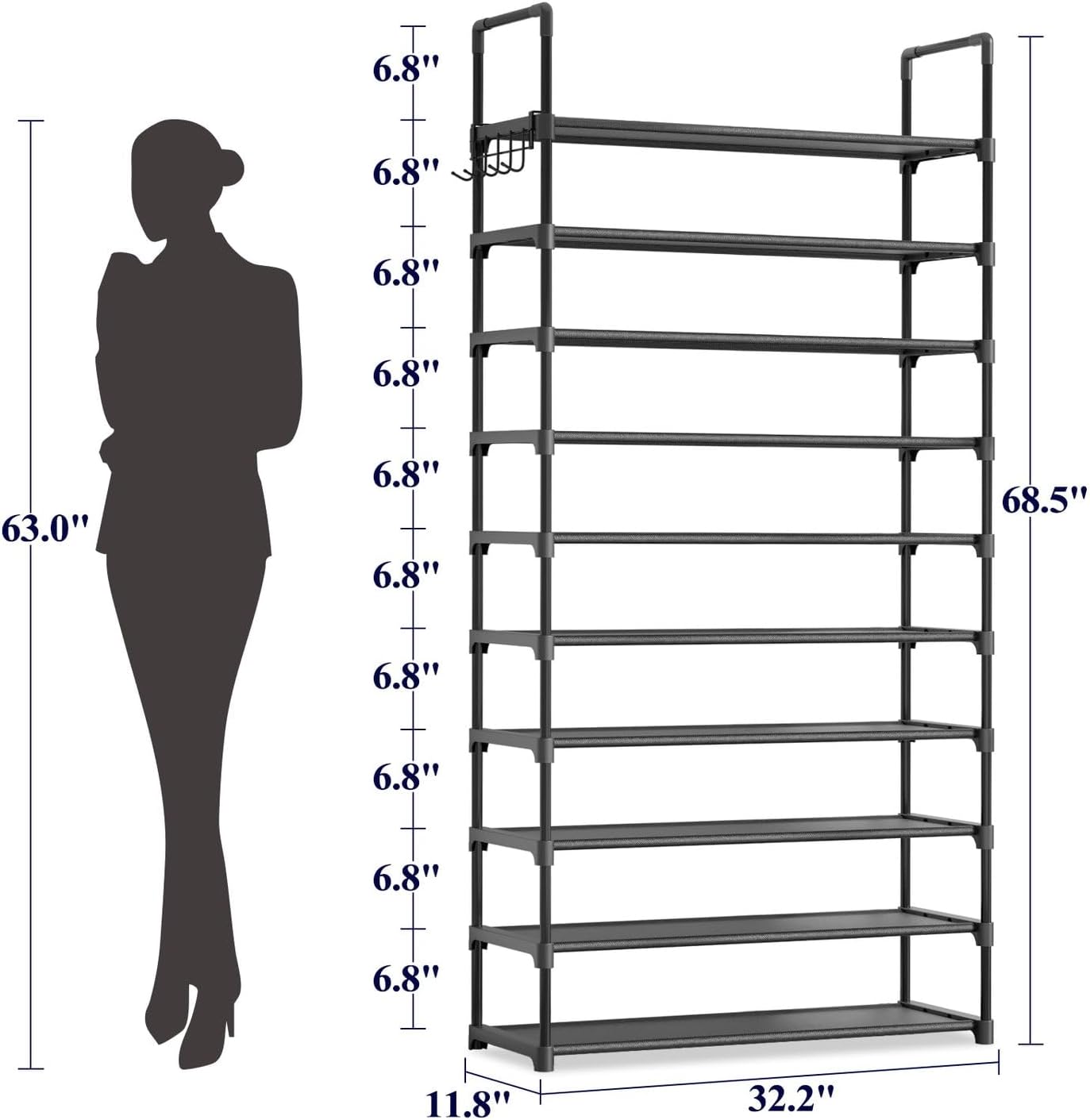 Kitsure Shoe Rack for Closet - 10-Tier Shoe Organizer with Hook Rack, Large-Capacity & Space-Saving Shoe Shelf for Entryway, Bedroom, Living Room,32.2" x 11.8" x 68.5", Black