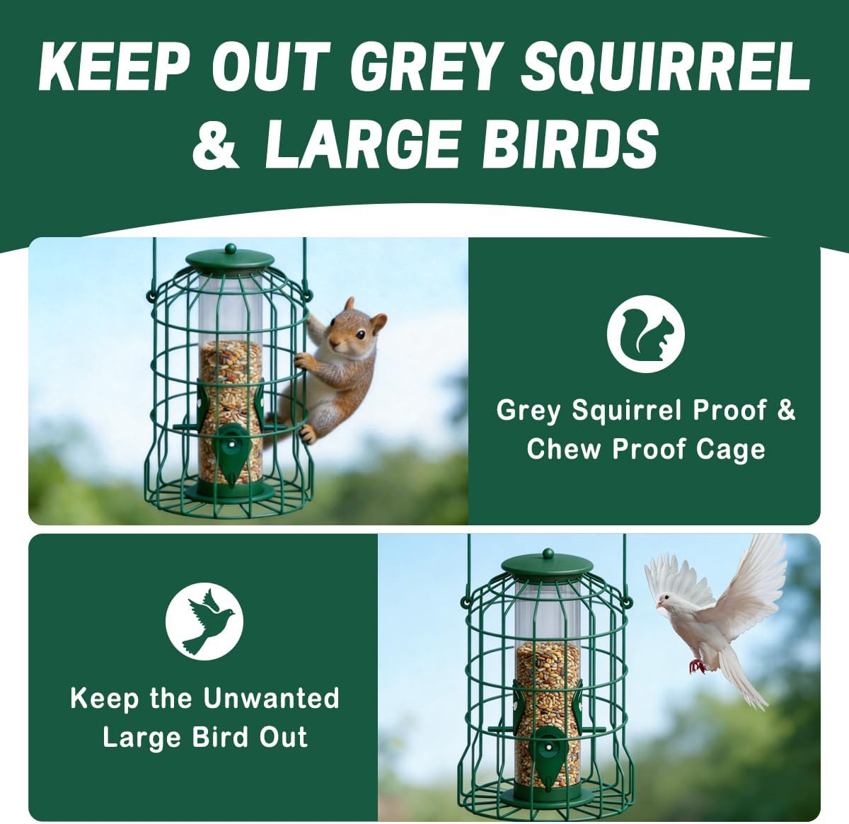 Squirrel Proof Bird Feeder Metal Caged Bird Feeder with Rain Proof Covered for Wildbirds Finches Bluebird, 4 Feeding Ports Wild Small Birds Rainproof Station for Garden Yard Seed Easy Clean