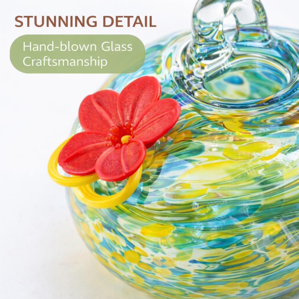 Adkoat® 6PCS Hand Blown Glass Hummingbird Feeders for Outdoors Hanging - Artistic Mini Nectar Feeder Set with Red Flower Ports - Colorful Garden Suncatcher Decor & Unique Gifts for Women Mom Grandma