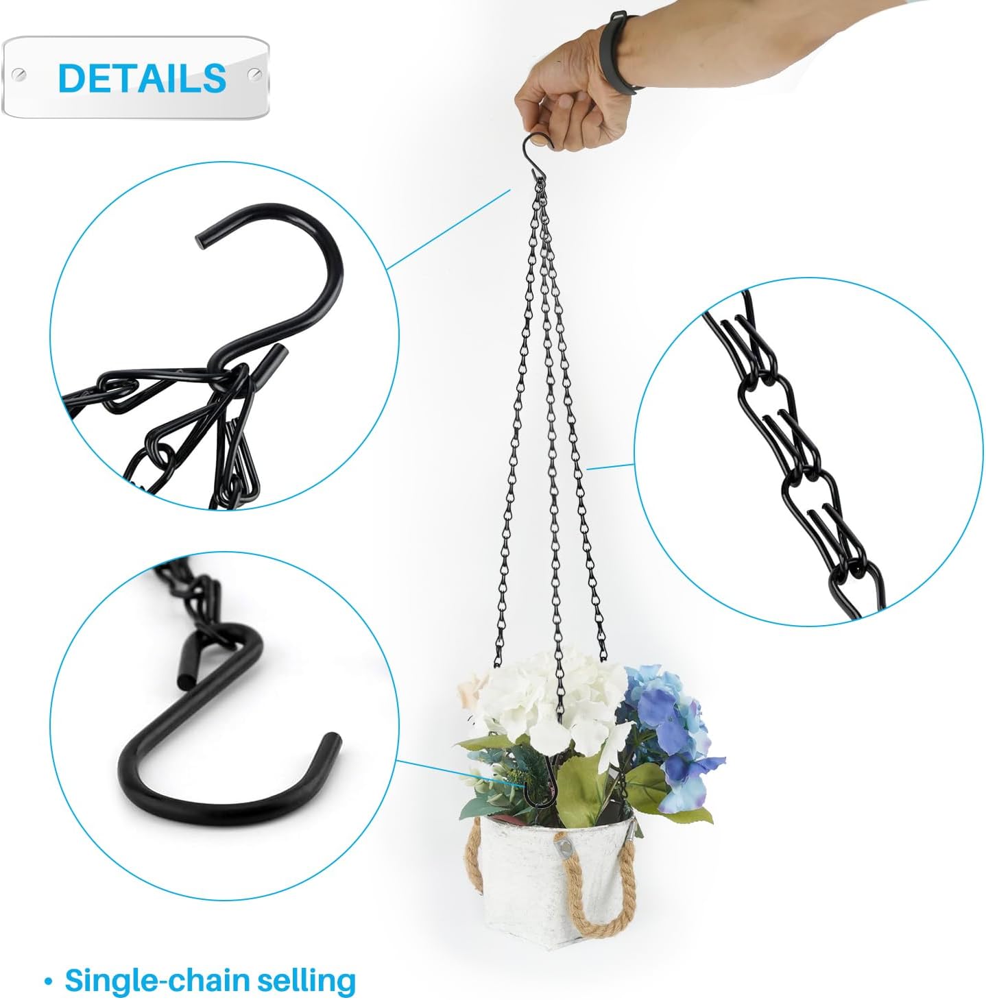 Patio Hanging Chain with Hooks - Black Metal Decorative Chain for Hanging Planters, Bird Feeders, Signs, Lanterns & Ornaments - Outdoor/Indoor Use (4 FT, 1 Piece)