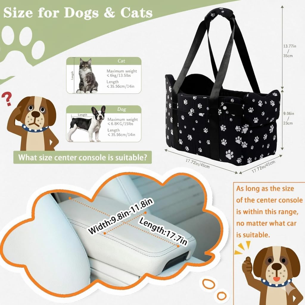 Cullaby Center Console Dog Car Seat Safe Travel for Small Dogs Under 1