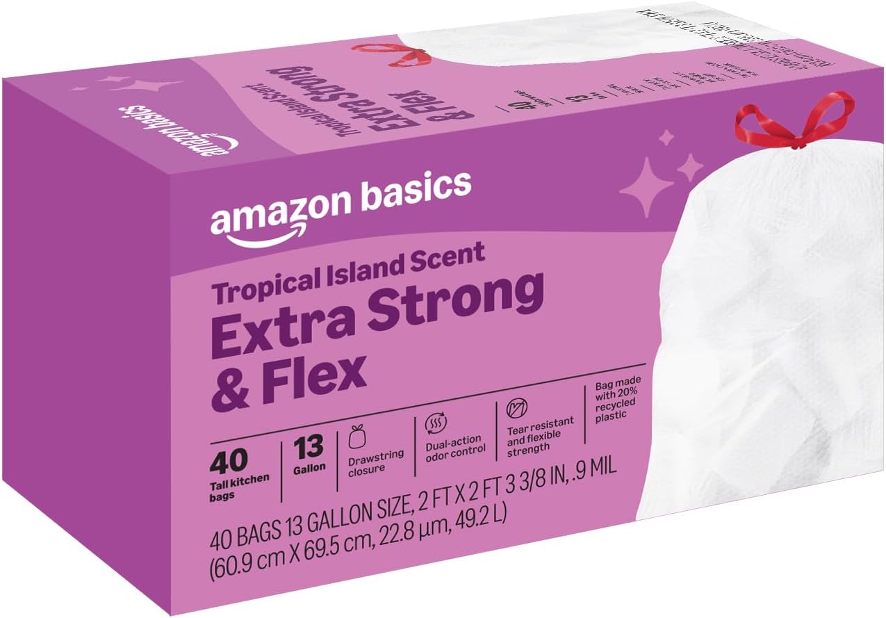 Amazon Basics Extra Strong & Flex Tall Kitchen Drawstring Trash Bags, Tropical Island Scent, 13 Gallon, 40 Count