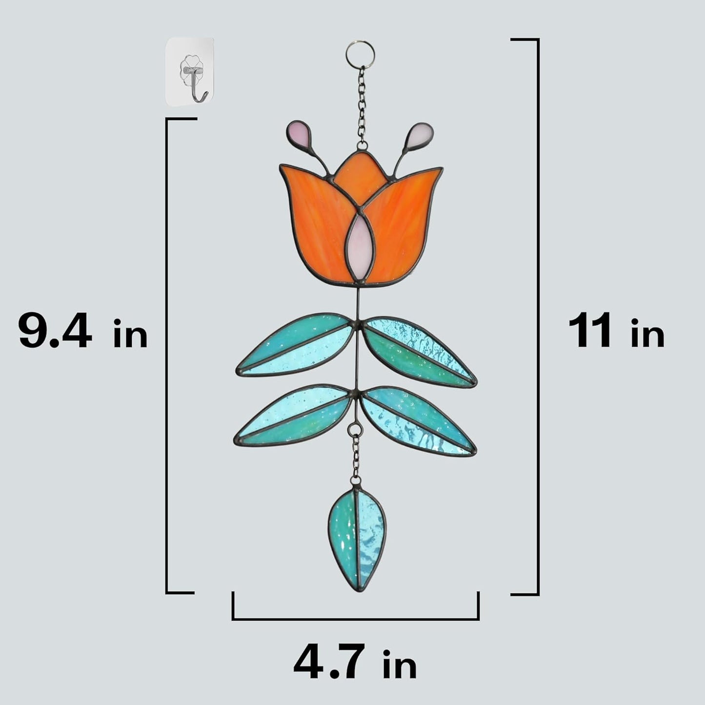 Coral Tulip Stained Glass Suncatcher, Folk Flower Stained Glass Window Hanging Sun Catcher, Retro Funky Home Decor, Handmade Coastal Ornaments, 9.4" x 4.7"