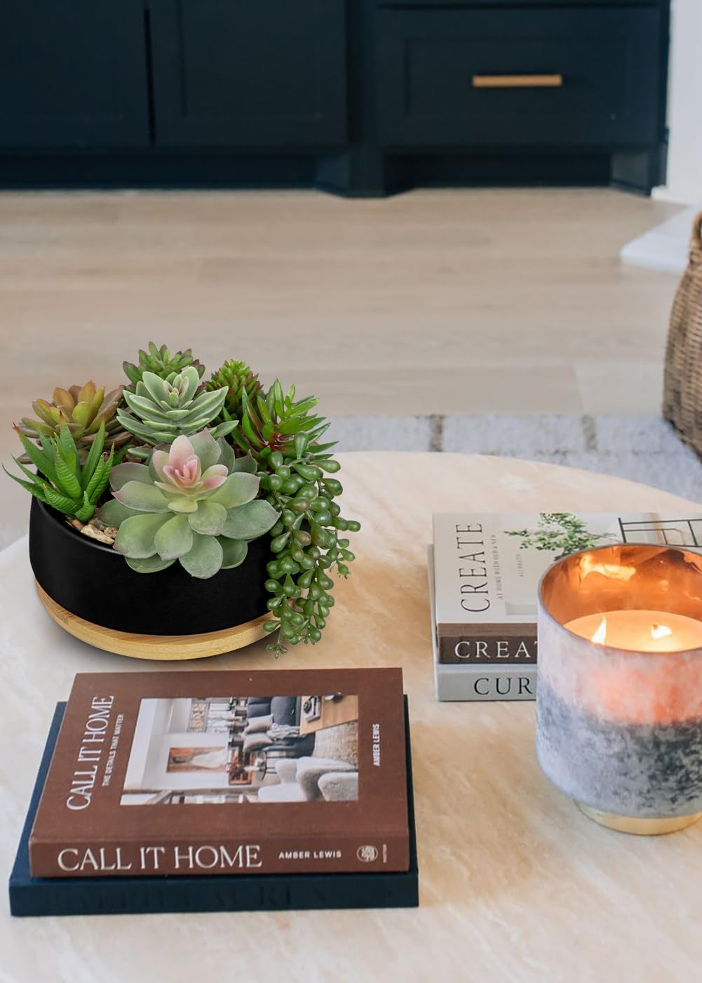 Artificial Succulent Plants in Pot 5.5 Inch Fake Succulents Arrangement Potted Plant in Black Ceramic Planter Bowl with Wood Saucer for Home Office Desk Shelf Living Room Bedroom Bathroom Decor