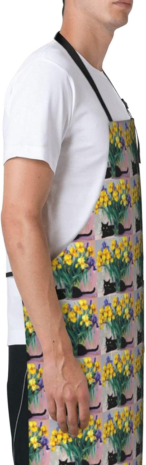 YANYU Cat Flower Embellishment Print 28x33 In Kitchen Apron Stylish Chef Apron with Pockets for Cooking Baking Painting