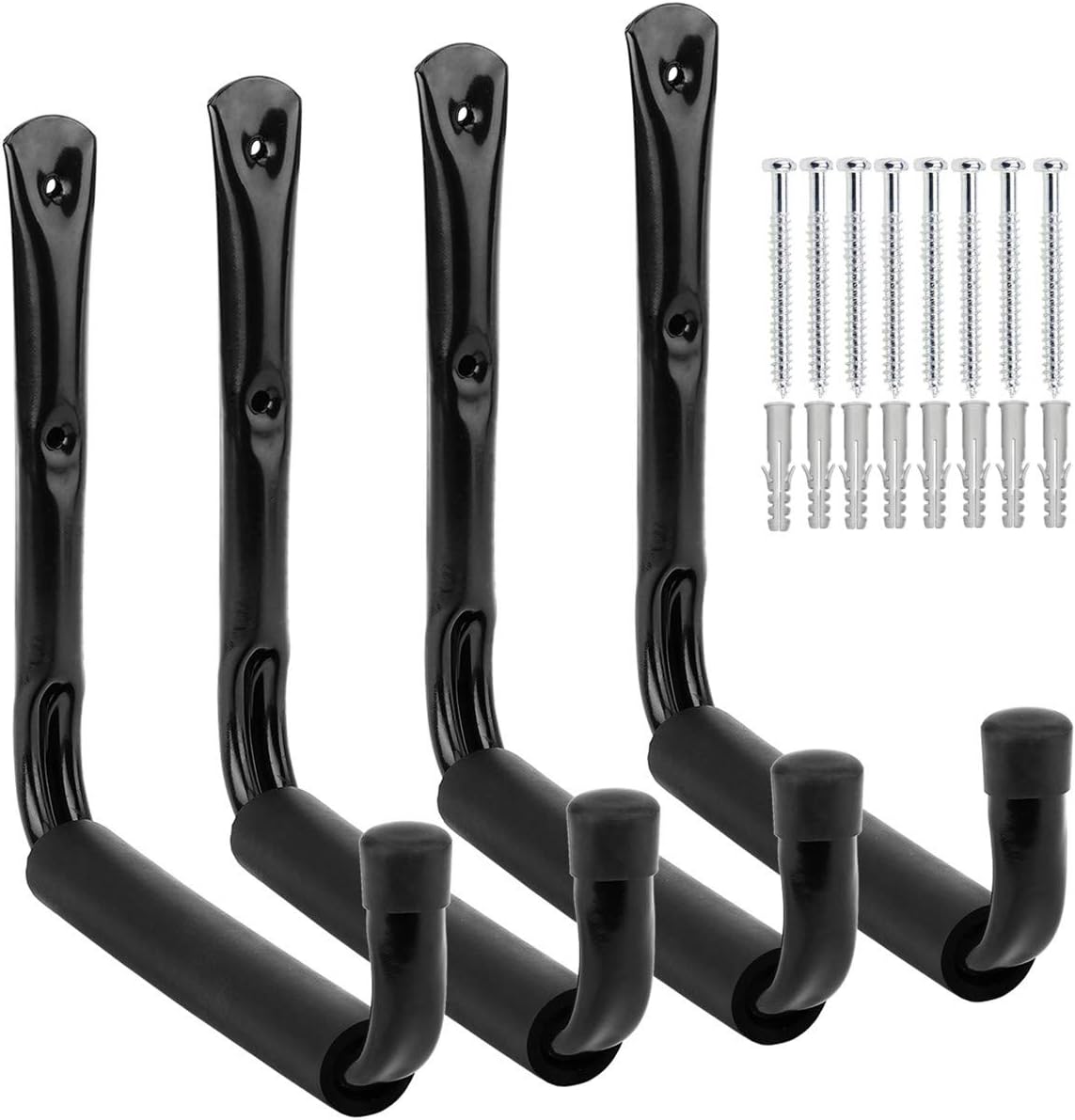 Garage and Garden Storage Utility Hooks Heavy Duty Jumbo Arm Hanger (Black,4 Pcs 8" Hook with EVA Protector)