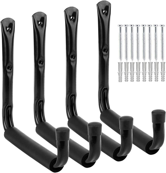 Garage and Garden Storage Utility Hooks Heavy Duty Jumbo Arm Hanger (Black,4 Pcs 8" Hook with EVA Protector)