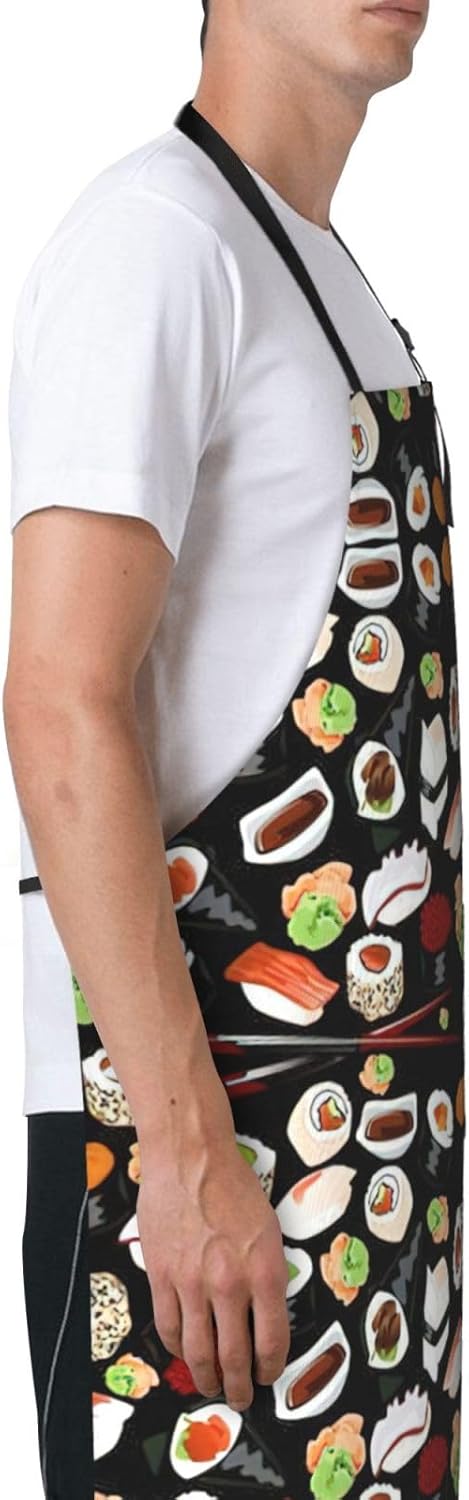 Japanese Sushi Black print Waterproof apron with pocket adjustable coo