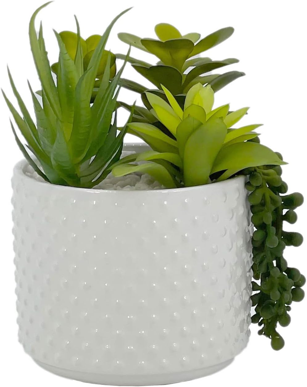 Galt International Faux Assorted Succulent Arrangement in White Dimpled Ceramic Porcelain Pot Planter 7.87" Tall | Home Decor Living Room Kitchen Washroom Restroom Office Plant