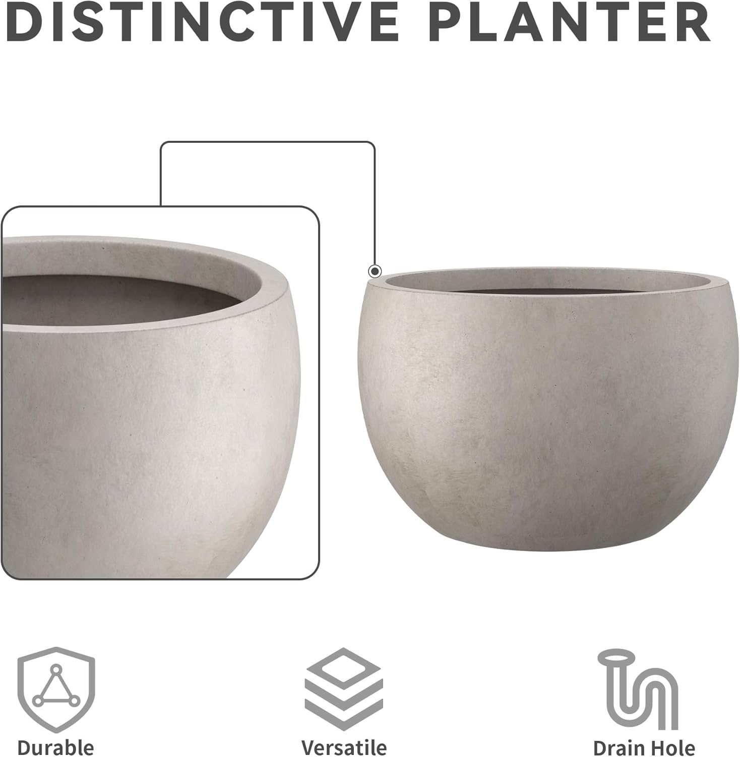 Kante 11.8" Dia Round Concrete Planter, Outdoor/Indoor Large Bowl Plan