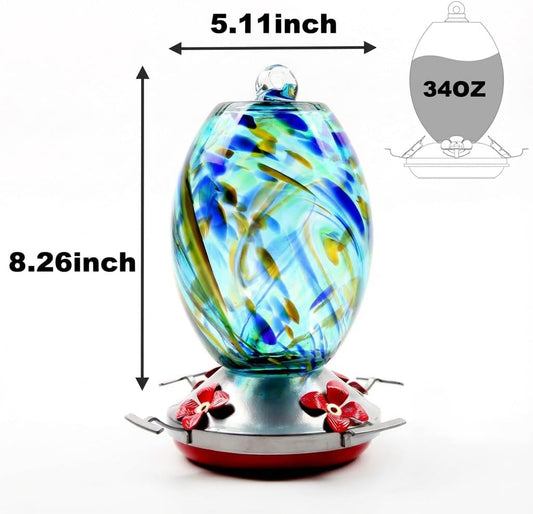 Hummingbird Feeder，34oz Crystal Blue Glass, Leakproof Outdoor Bird Feeder with Built-in Perch, Easy to Clean & Fill，Thoughtful Gardening Gift for Grandma, Women