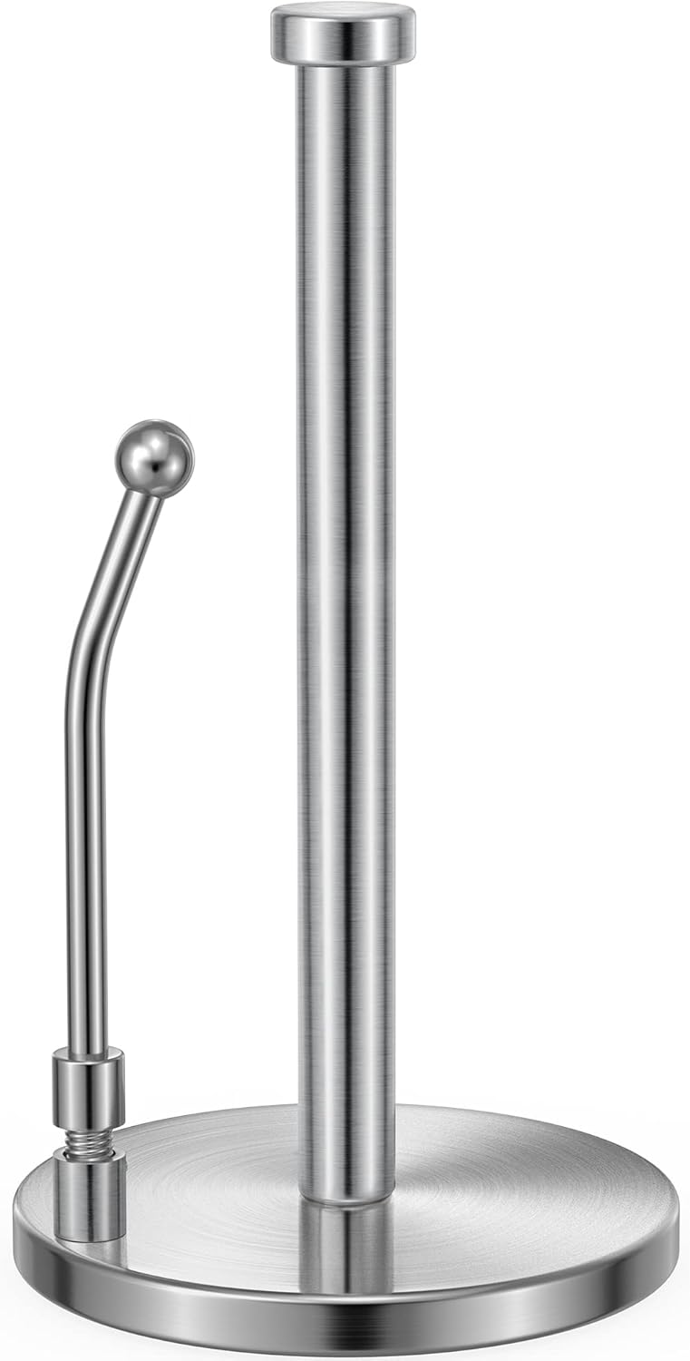 SMARTAKE Paper Towel Holder, Paper Towel Dispenser Standing Weighted Base Non Slip, Spring Arm for Easy Tear, Stainless Steel Paper Towel Holder for Home Kitchen Countertop Tabletop, Silver