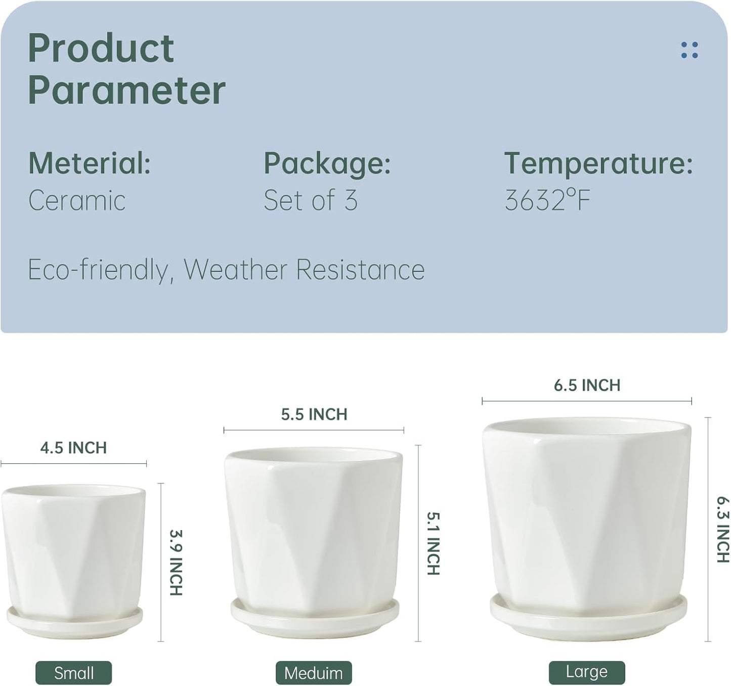 Octagon Ceramic Plant Pots - Indoor White Flower Planter Set with Drai