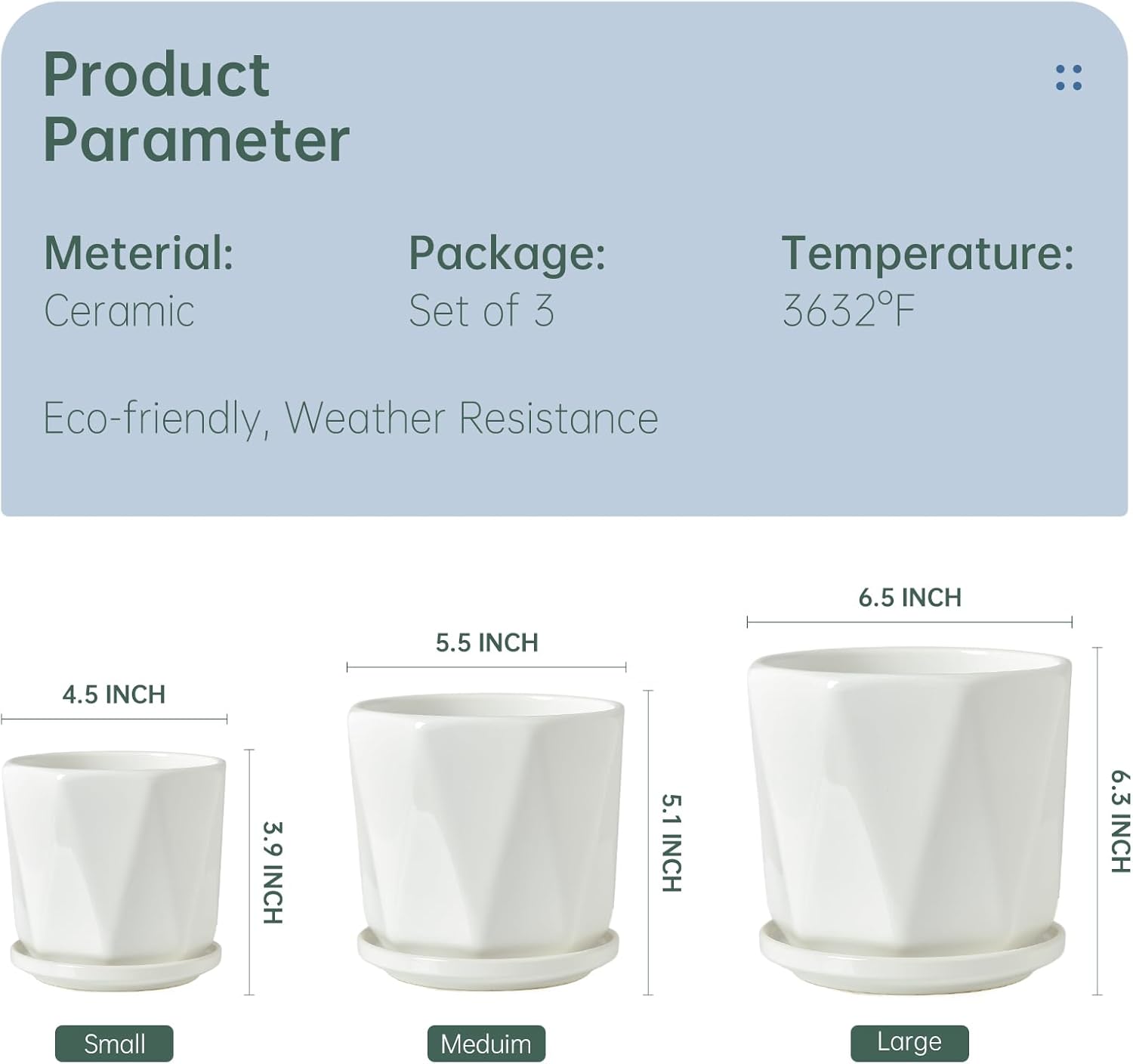 Octagon Ceramic Plant Pots - Indoor White Flower Planter Set with Drai