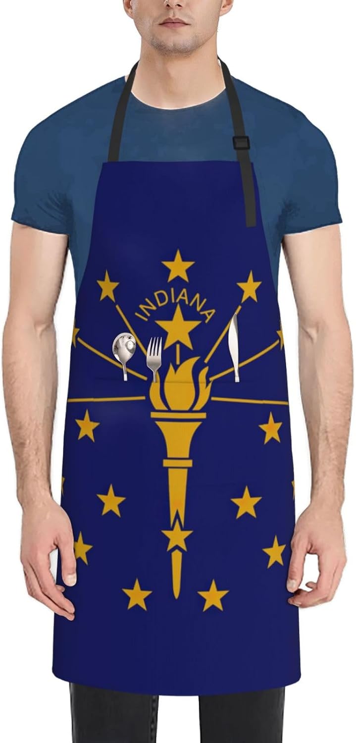 Indiana State Flag Print 28x33 In Adult Kitchen Apron with Pockets Versatile Chef Smock for Cooking Baking