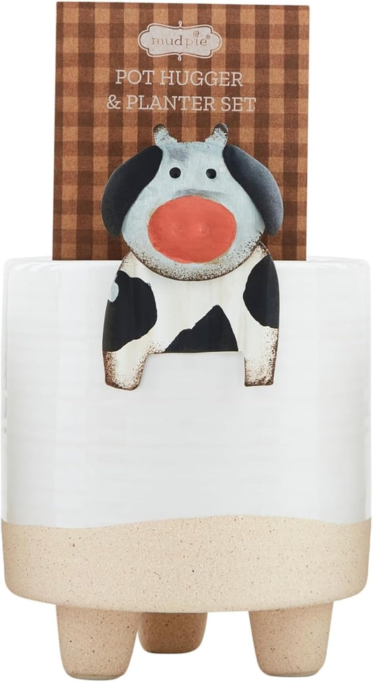 Mud Pie Cow Pot Hugger Planter Set; Pot 4" X 3 3/4" Dia | Hugger Approx 2 3/4" X 2"