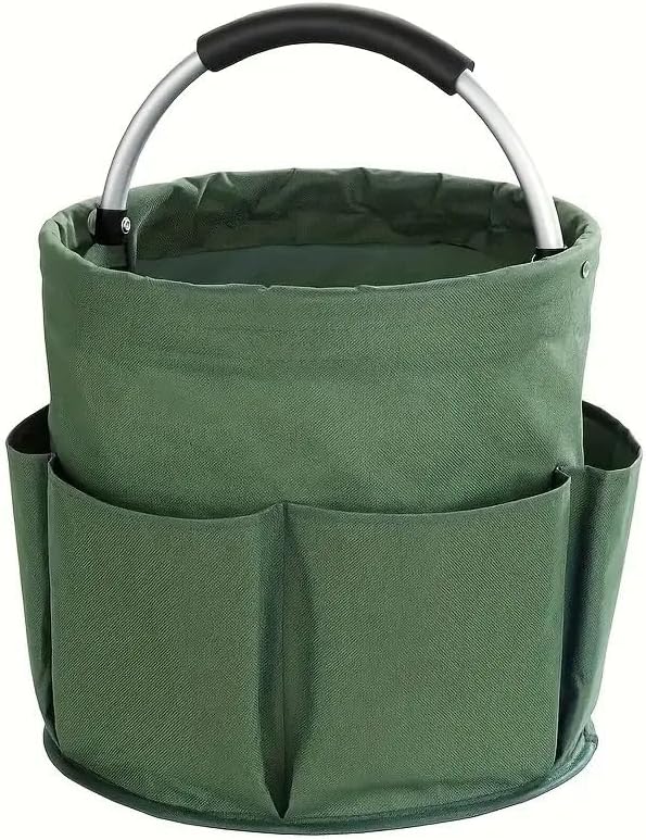 Collapsible Garden Tool & Cleaning Caddy – 12-Pocket Fold-Flat Canvas Bucket | Heavy-Duty 600D Oxford, Padded Handle | Picnic, Camping, RV, Home Storage Basket for Gardeners & Families – Green