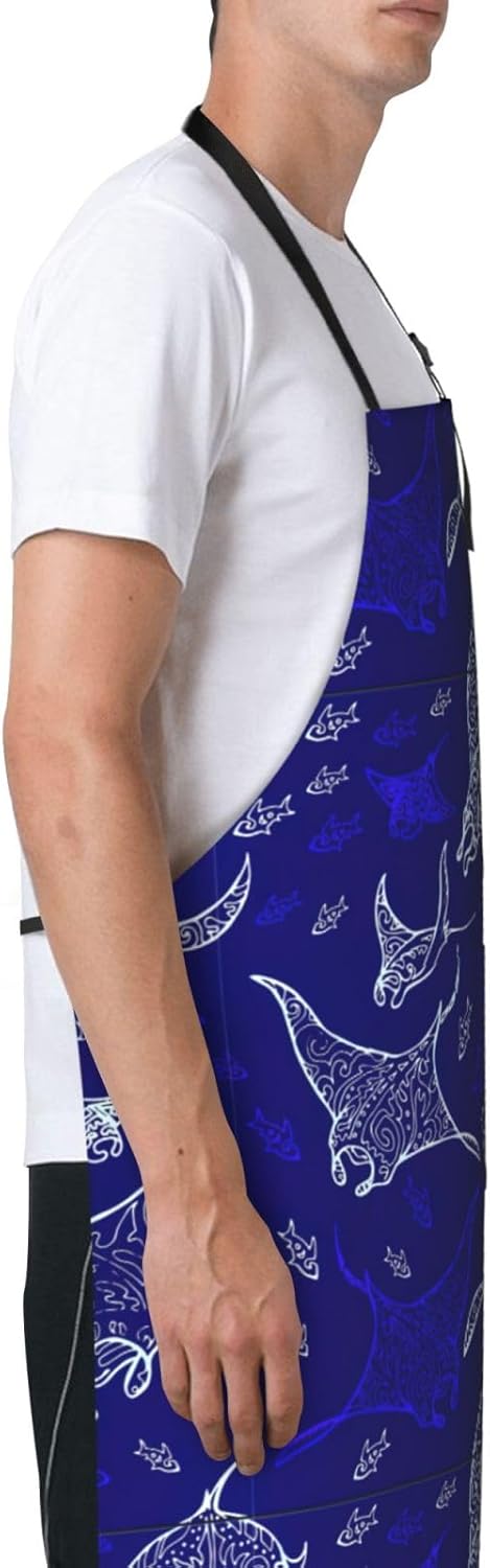 Manta Ray and Fish print Waterproof apron with pocket adjustable cooking apron for adult kitchen bibs to bake