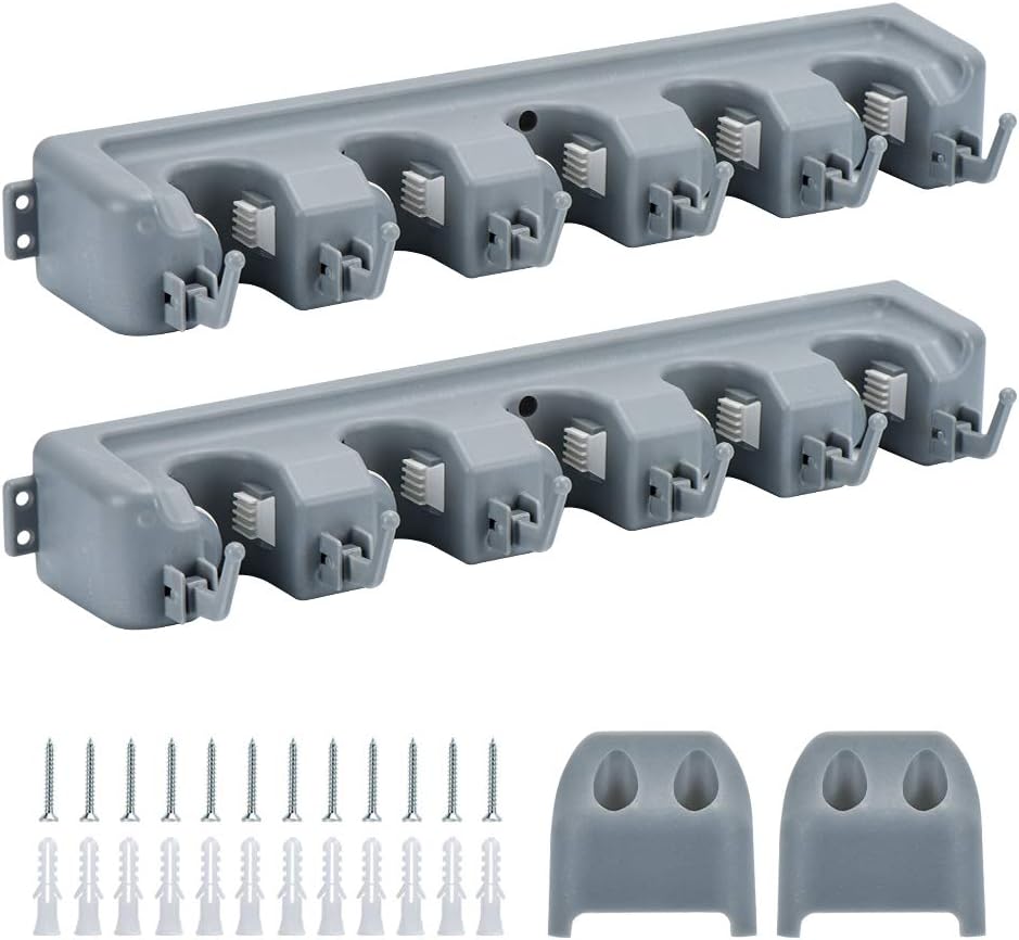 HOME MASTER HARDWARE (2 Pack 16 in Broom Mop Holder Garage Storage Organizer with 5 Racks 6 Hooks Adjustable Wall Mounted Storage Tool for Lanudry Garage Kitchen Garden