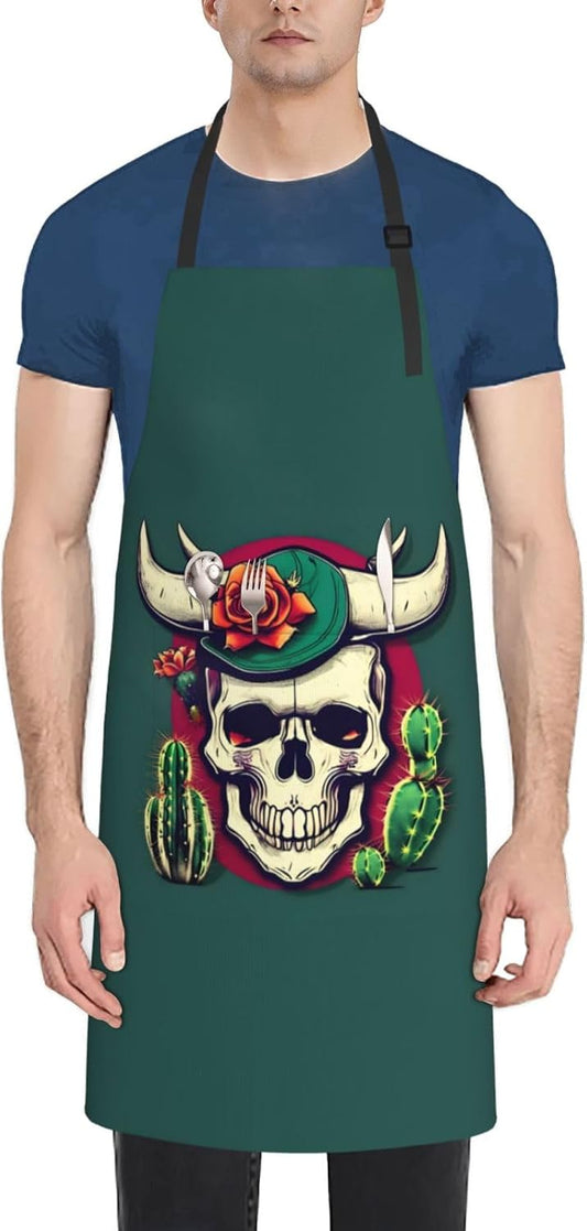 Skull of Bull and Cute Cactus print Waterproof chef's apron with pocket apron for kitchen cooking baking barbecue and gardening