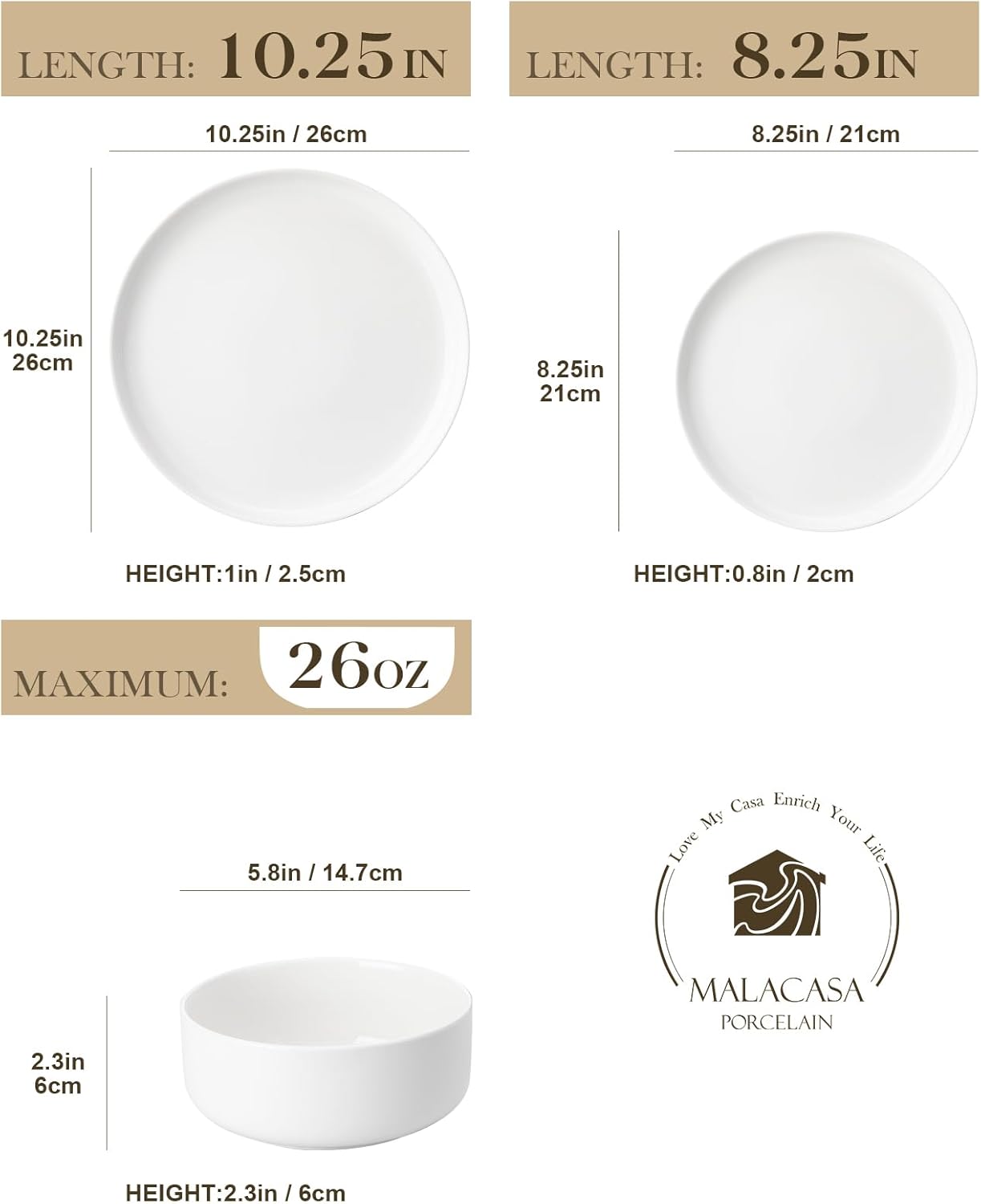 MALACASA Plates and Bowls Sets, 12 Pieces Porcelain Dinnerware Sets Di