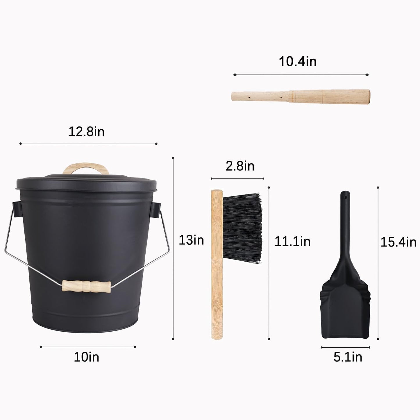 Ash Bucket with Lid and Shovel, Hand Broom and Stick, 5.2 Gallon Large Metal Ash Bucket for Fireplace Tools Set, Fire Pits, Wood Burning Stoves, Indoor and Outdoor, Camping, Grill, Black