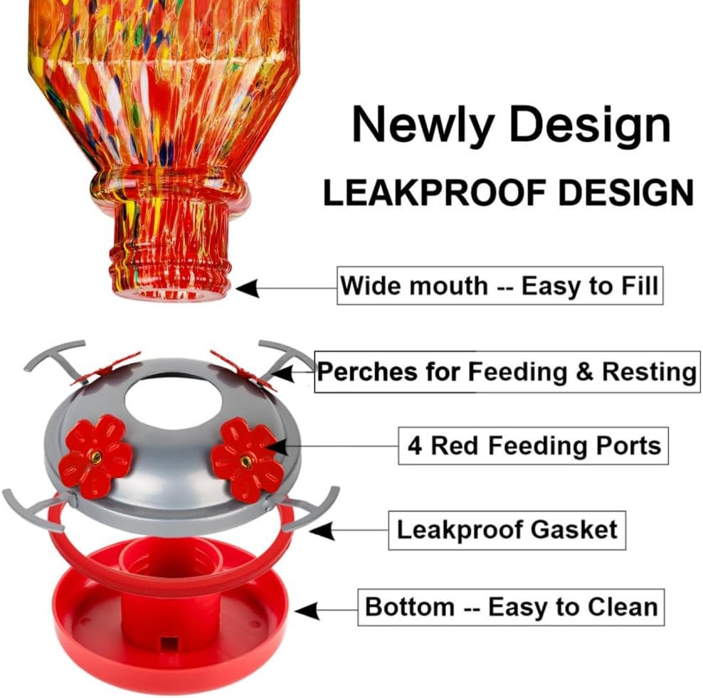 Hand Blown Glass Hummingbird Feeder for Outdoors Hanging Square Chaning Color 38 OZ Humming Birds Feeders with Accessories Gift for Women Mom (Red)