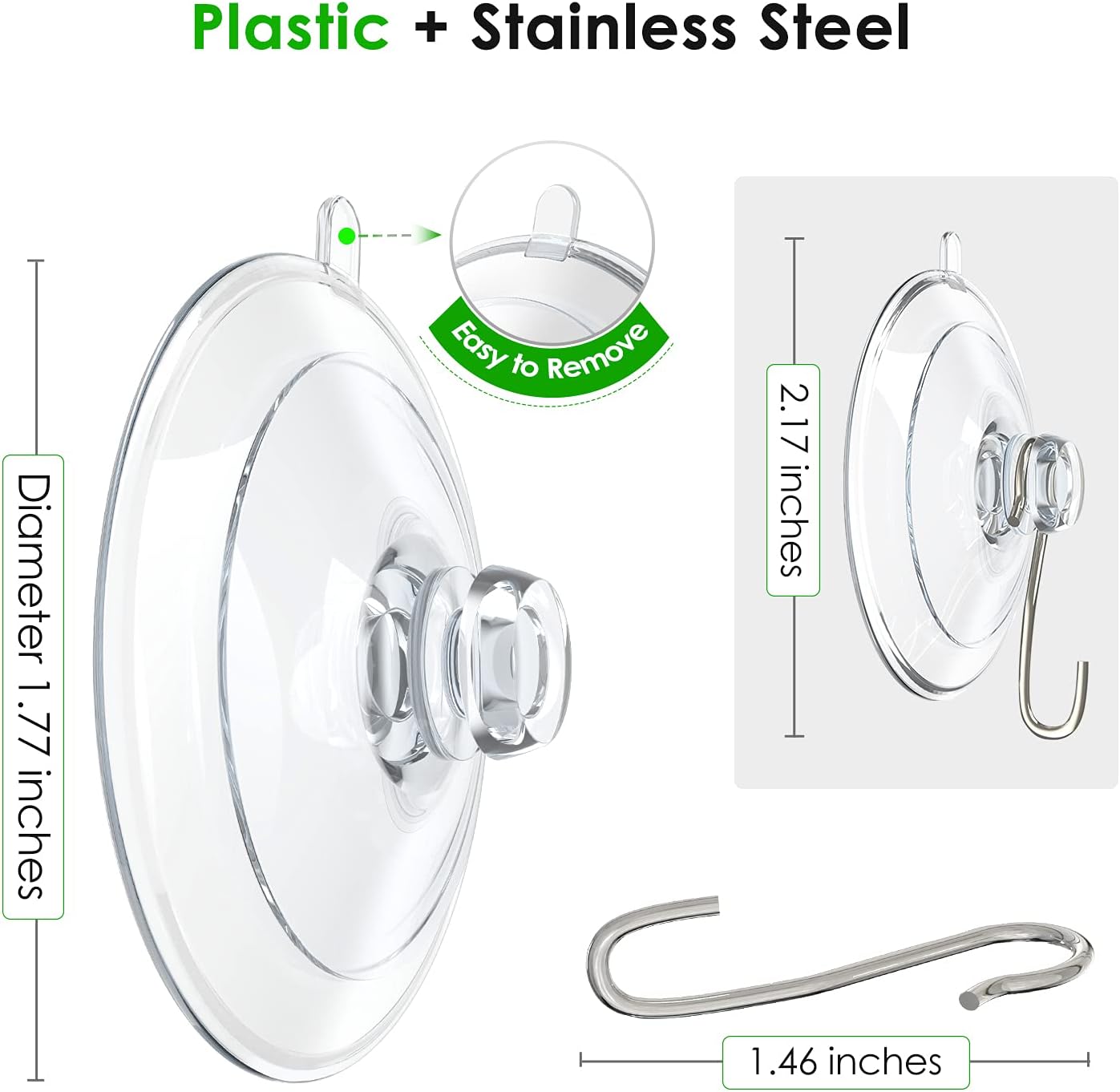 Hangerspace Suction Cup Hooks, 1.77 Inches Clear PVC Suction Cups with Metal Hooks Removable Small Suction Cups for Shower Bathroom Kitchen Wall Window Glass Door 12 Pack