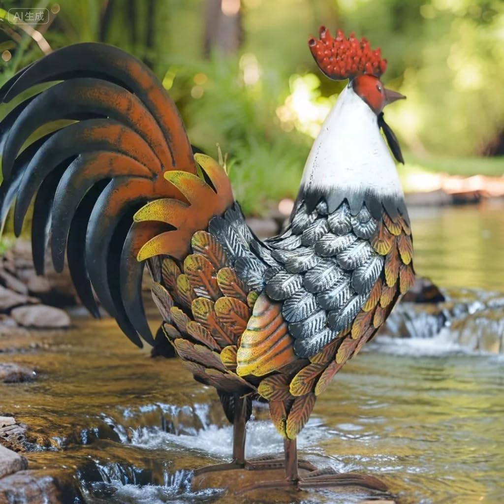 Kircust Garden Rooster Statues & Sculpture, Metal Chicken Animal Yard 