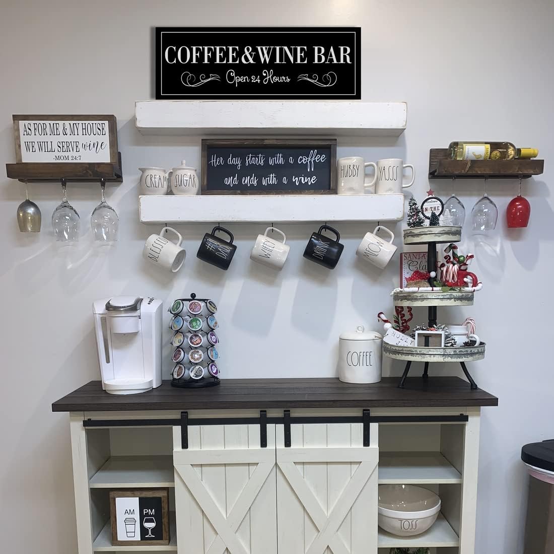 WOWGOOMO Coffee and Wine Bar Signs Decor, Classic Kitchen Wine Cabinet
