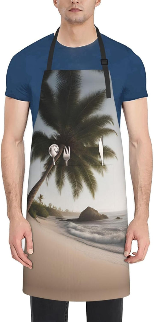 Sand Beach Palm Tree print Waterproof chef's apron with pocket apron for kitchen cooking baking barbecue and gardening