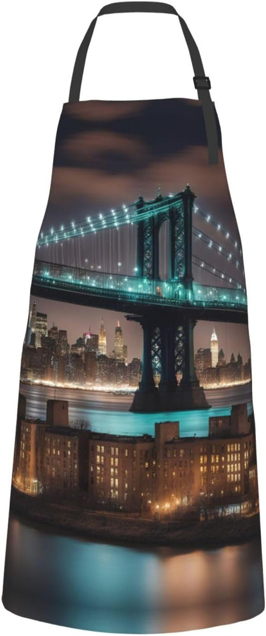 New York Manhattan Bridge Night print Waterproof chef's apron with pocket apron for kitchen cooking baking barbecue and gardening