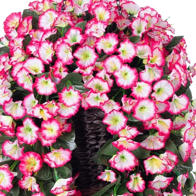 Artificial Fall Hanging Flowers in Basket Fake Plant for Outside, Silk Pink Morning Glory Flower Arrangement for Outdoor Decor, UV Resistant Realistic Floral Planter for Porch Patio Balcony